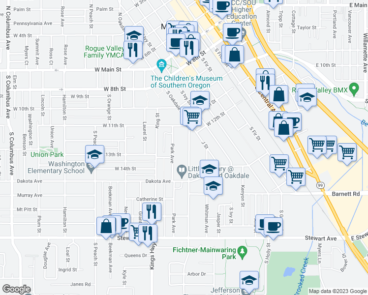 map of restaurants, bars, coffee shops, grocery stores, and more near 512 South Oakdale Avenue in Medford