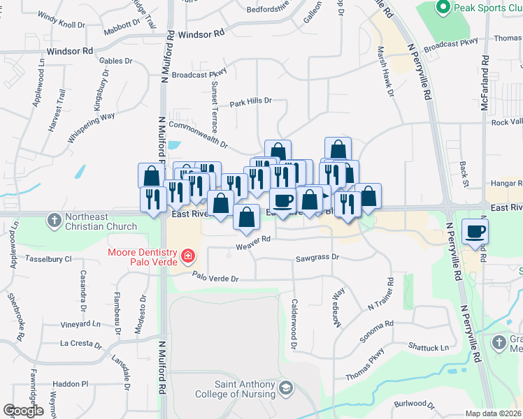 map of restaurants, bars, coffee shops, grocery stores, and more near 6338 East Riverside Boulevard in Loves Park