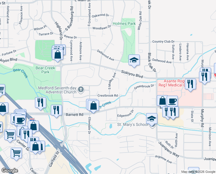 map of restaurants, bars, coffee shops, grocery stores, and more near 723 South Modoc Avenue in Medford