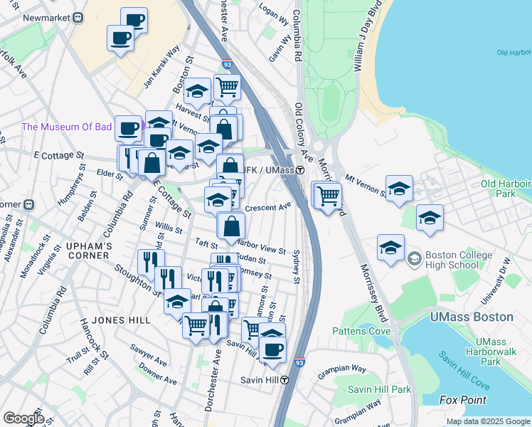 map of restaurants, bars, coffee shops, grocery stores, and more near 29 Raven Street in Boston