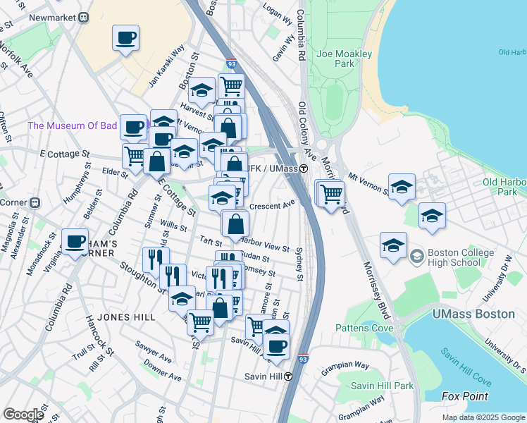 map of restaurants, bars, coffee shops, grocery stores, and more near 29 Raven Street in Boston