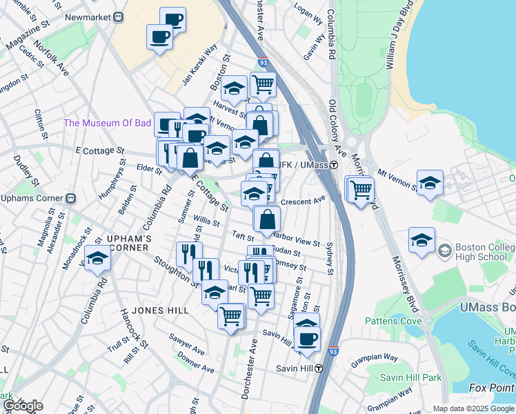 map of restaurants, bars, coffee shops, grocery stores, and more near in Boston