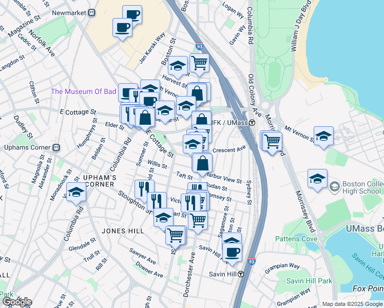 map of restaurants, bars, coffee shops, grocery stores, and more near 15 Howes Street in Boston