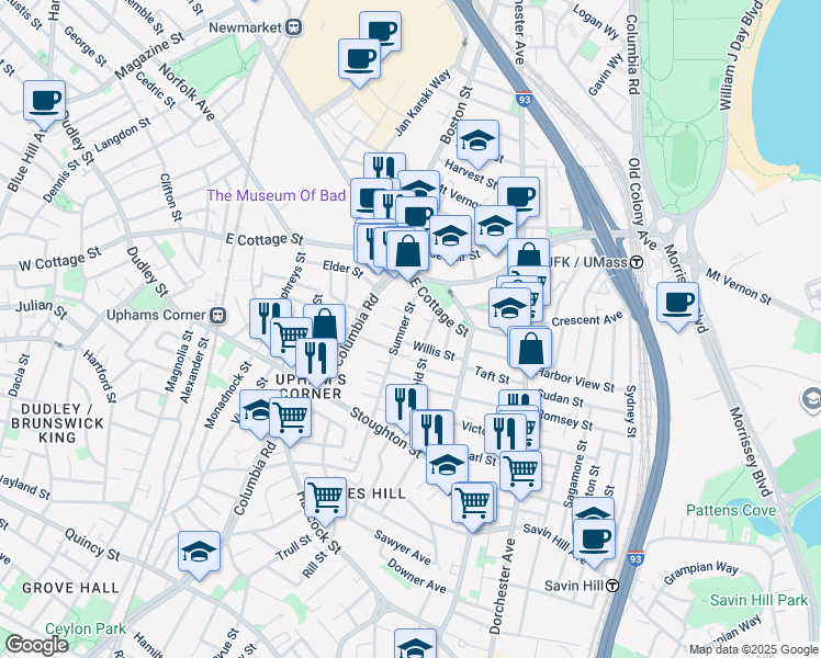 map of restaurants, bars, coffee shops, grocery stores, and more near 3 Bakersfield Street in Boston