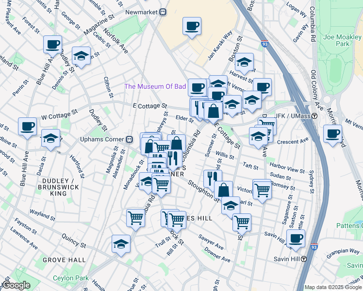 map of restaurants, bars, coffee shops, grocery stores, and more near 622 Columbia Road in Boston