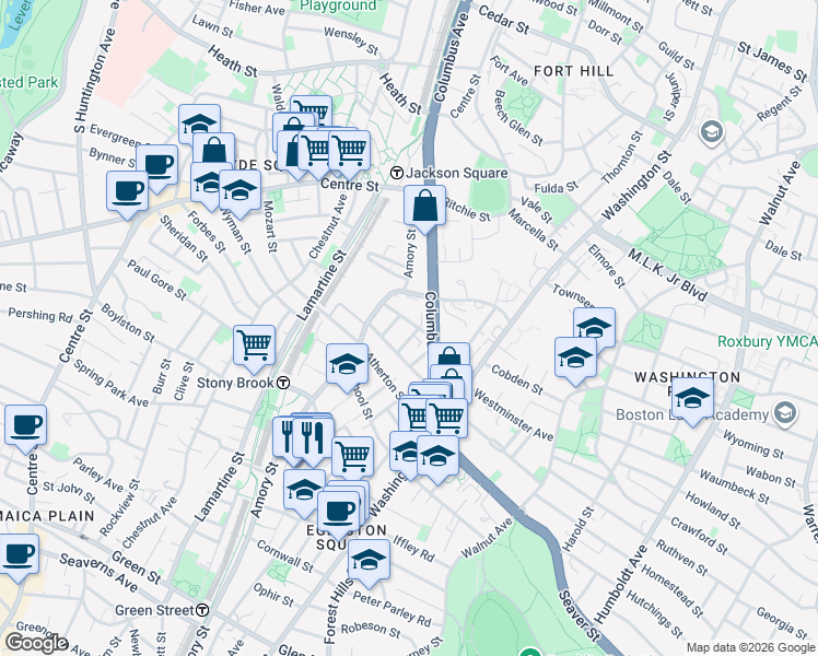 map of restaurants, bars, coffee shops, grocery stores, and more near 72 West Walnut Park in Boston