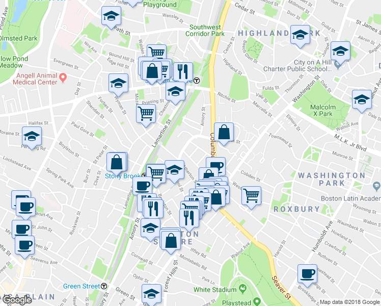 map of restaurants, bars, coffee shops, grocery stores, and more near 72 West Walnut Park in Boston