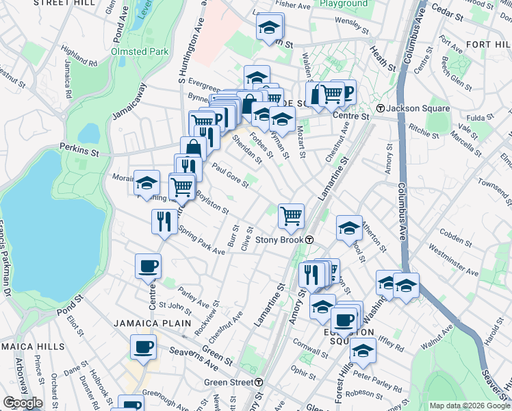 map of restaurants, bars, coffee shops, grocery stores, and more near 29 Beecher Street in Boston
