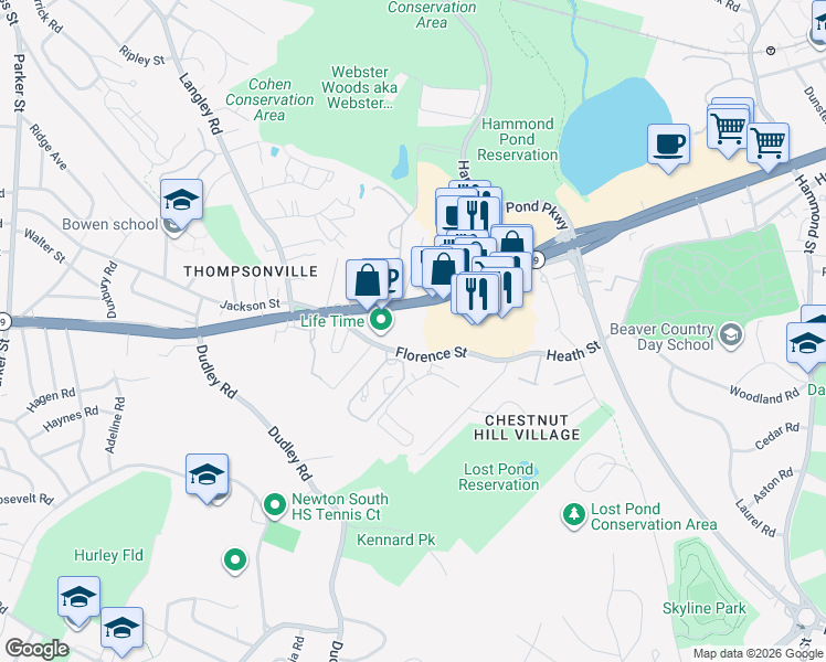 map of restaurants, bars, coffee shops, grocery stores, and more near 91 Florence Street in Newton