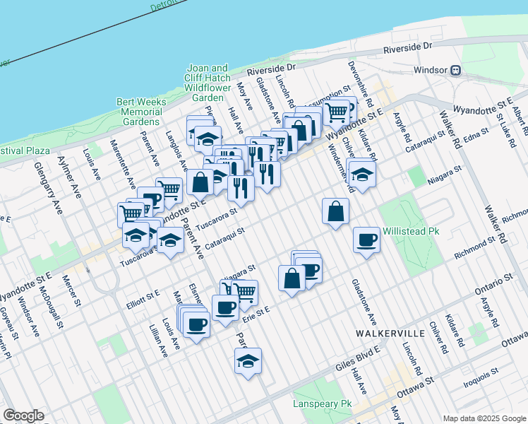 map of restaurants, bars, coffee shops, grocery stores, and more near 809 Pierre Avenue in Windsor