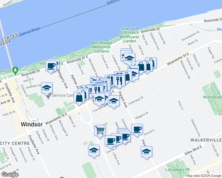 map of restaurants, bars, coffee shops, grocery stores, and more near 686 Marentette Avenue in Windsor