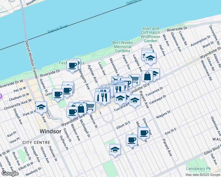 map of restaurants, bars, coffee shops, grocery stores, and more near 671 Brant Street in Windsor