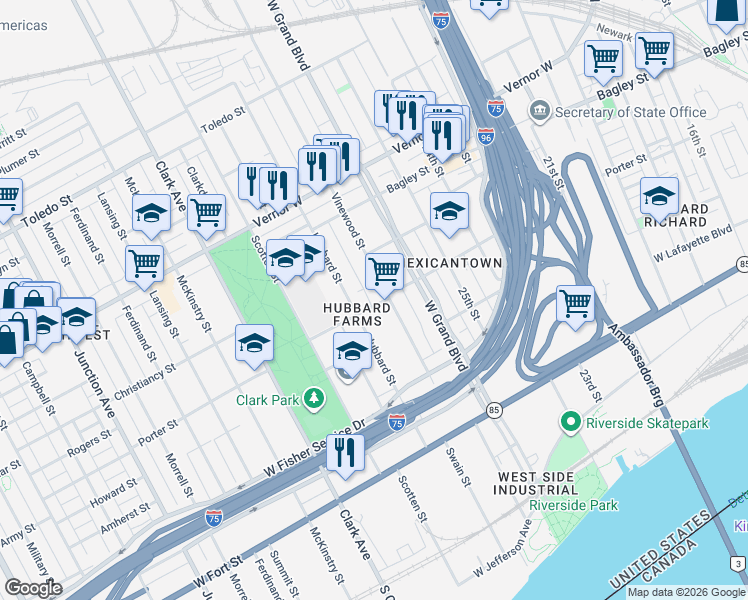 map of restaurants, bars, coffee shops, grocery stores, and more near 1145 Vinewood Street in Detroit