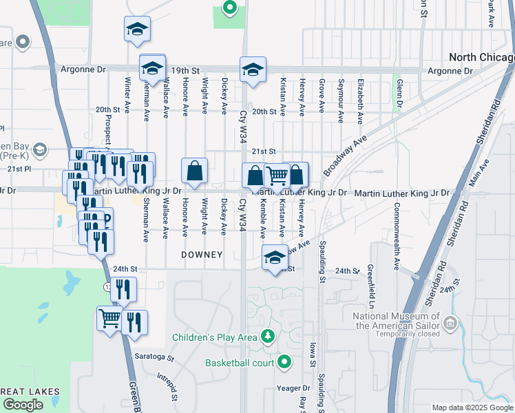 map of restaurants, bars, coffee shops, grocery stores, and more near 2240 Kemble Avenue in North Chicago