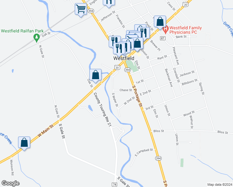 map of restaurants, bars, coffee shops, grocery stores, and more near 29 South Water Street in Westfield