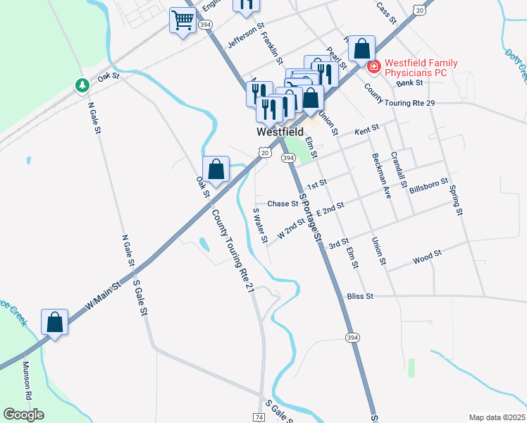 map of restaurants, bars, coffee shops, grocery stores, and more near 29 South Water Street in Westfield