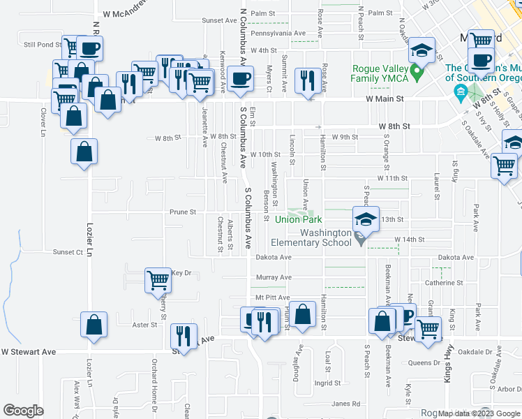 map of restaurants, bars, coffee shops, grocery stores, and more near 1402 Prune Street in Medford