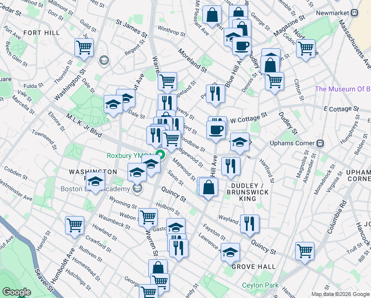 map of restaurants, bars, coffee shops, grocery stores, and more near 24-30 Maywood Street in Boston