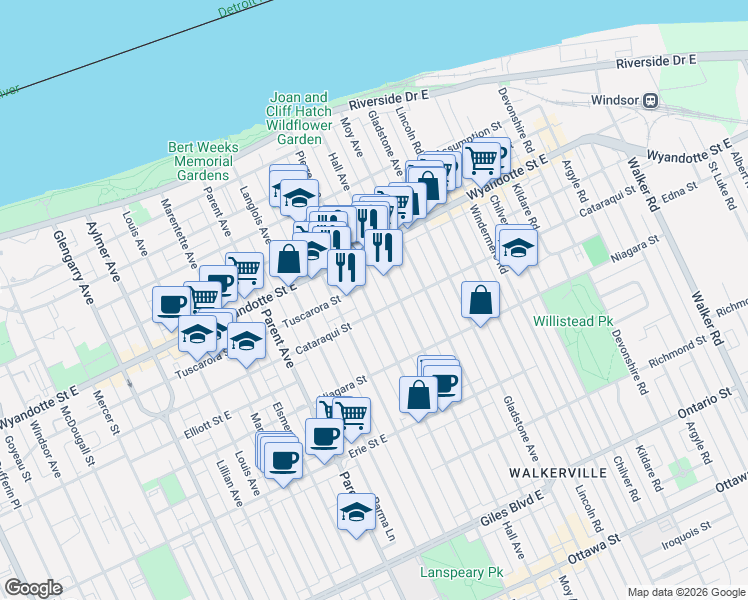 map of restaurants, bars, coffee shops, grocery stores, and more near 758 Pierre Avenue in Windsor