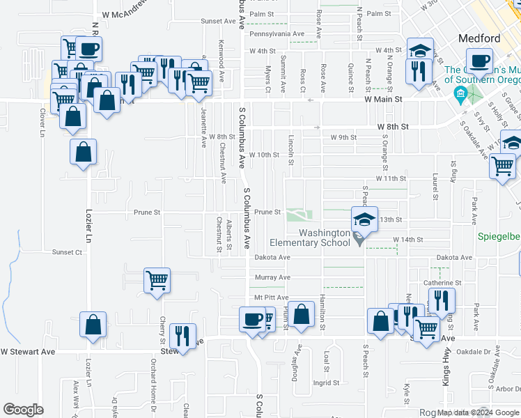 map of restaurants, bars, coffee shops, grocery stores, and more near 1400 Prune Street in Medford