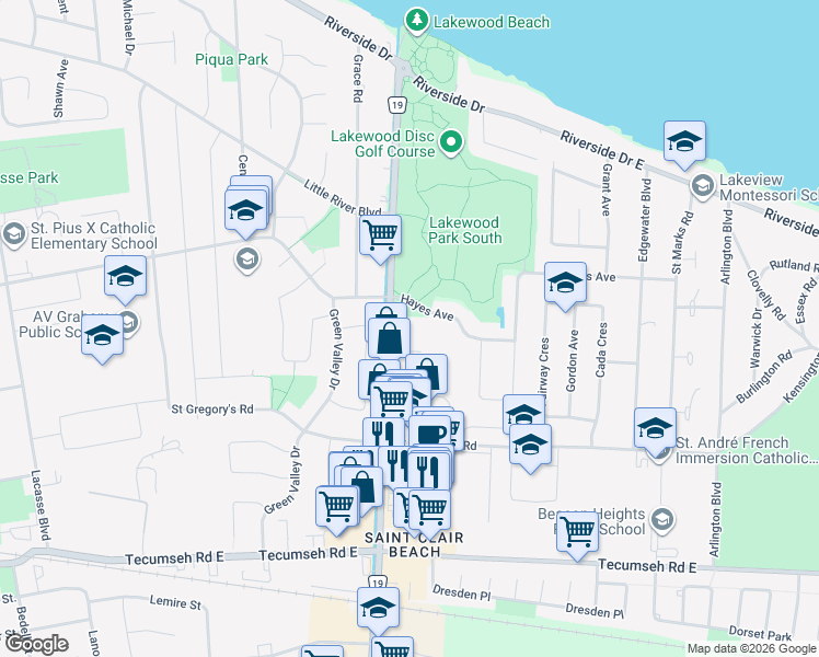map of restaurants, bars, coffee shops, grocery stores, and more near 325 Village Grove Drive in Tecumseh