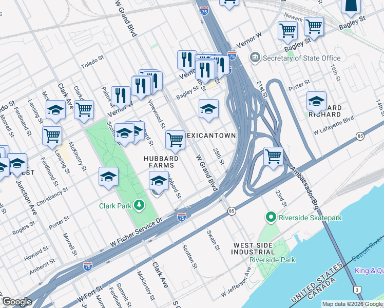 map of restaurants, bars, coffee shops, grocery stores, and more near 1116 Vinewood Street in Detroit