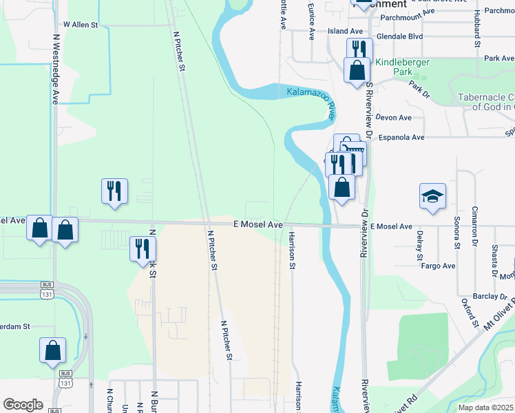 map of restaurants, bars, coffee shops, grocery stores, and more near 329-463 East Mosel Avenue in Kalamazoo