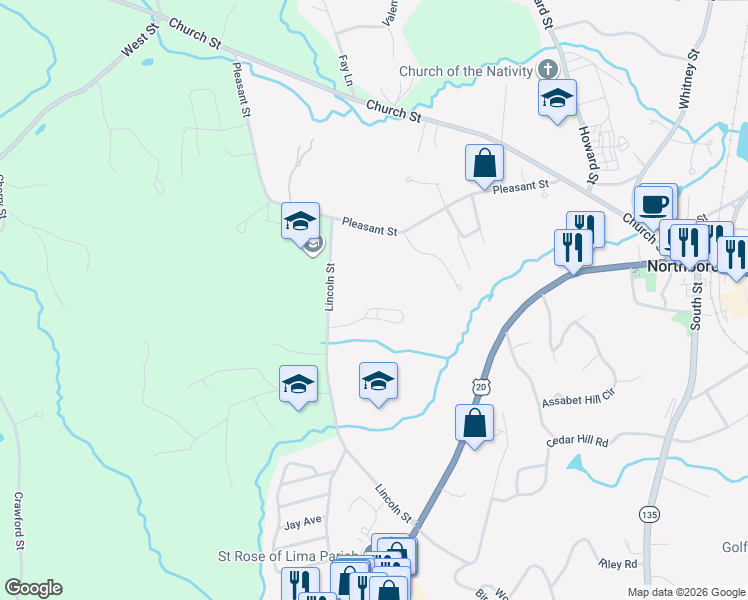map of restaurants, bars, coffee shops, grocery stores, and more near 8 Lydia's Way in Northborough