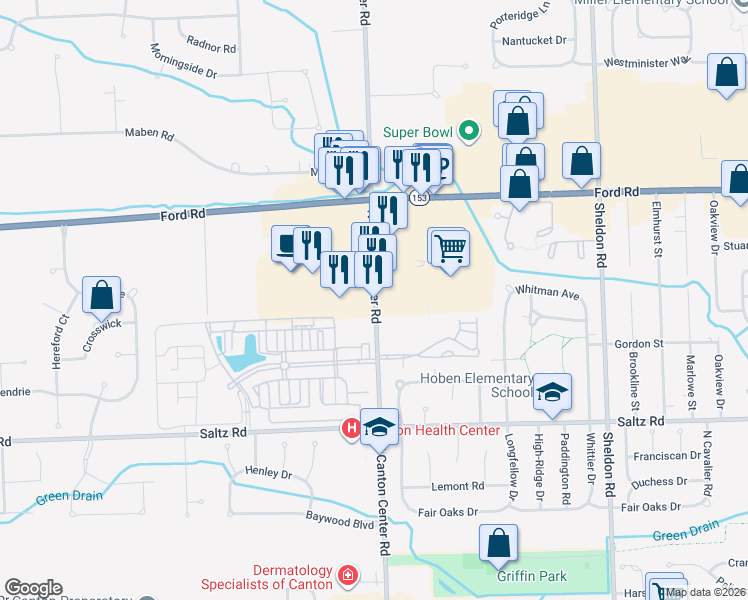 map of restaurants, bars, coffee shops, grocery stores, and more near 1477 North Canton Center Road in Canton