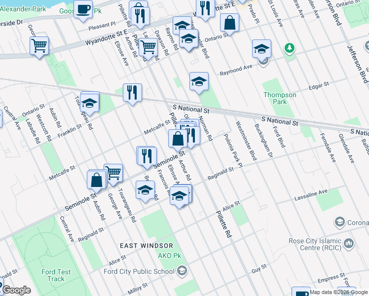 map of restaurants, bars, coffee shops, grocery stores, and more near 1491 Pillette Road in Windsor