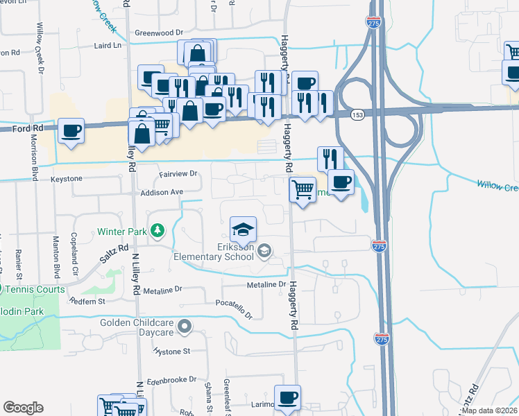 map of restaurants, bars, coffee shops, grocery stores, and more near 41573 Bedford Drive in Canton