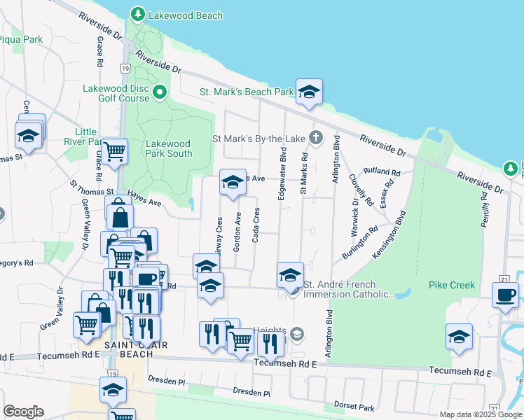 map of restaurants, bars, coffee shops, grocery stores, and more near 250 Cada Crescent in Windsor
