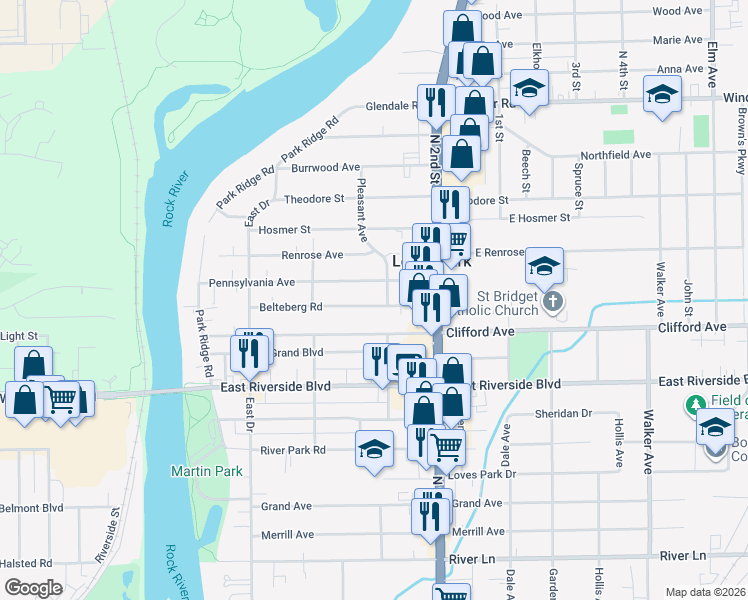map of restaurants, bars, coffee shops, grocery stores, and more near 344 Pennsylvania Avenue in Loves Park
