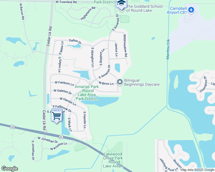 map of restaurants, bars, coffee shops, grocery stores, and more near 289 West Biros Lane in Round Lake