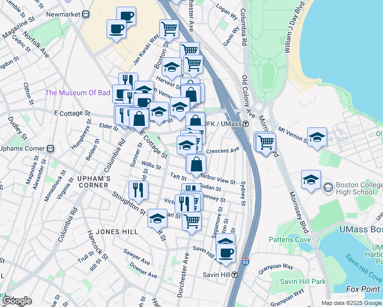 map of restaurants, bars, coffee shops, grocery stores, and more near 923 Dorchester Avenue in Boston