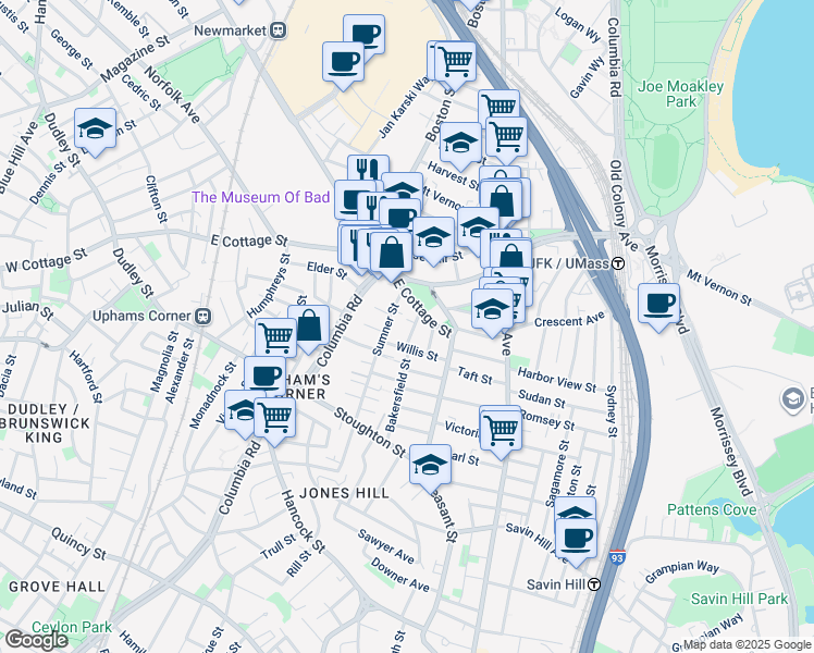 map of restaurants, bars, coffee shops, grocery stores, and more near 8 Sumner Street in Boston