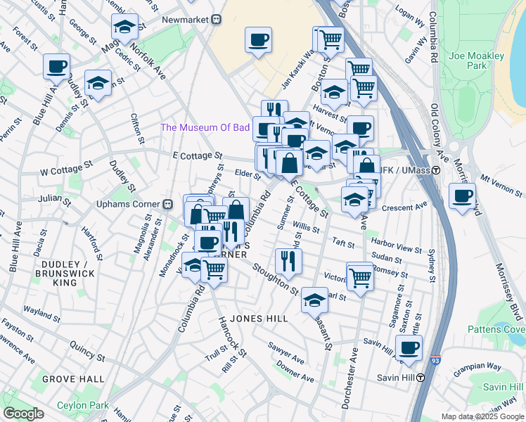 map of restaurants, bars, coffee shops, grocery stores, and more near 683 Columbia Road in Boston