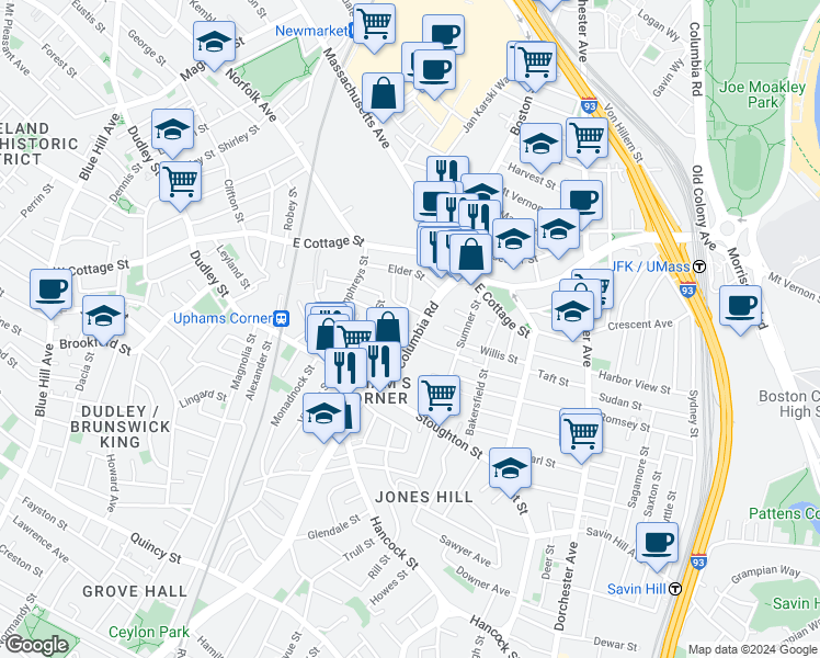 map of restaurants, bars, coffee shops, grocery stores, and more near 17 Eastman Street in Boston