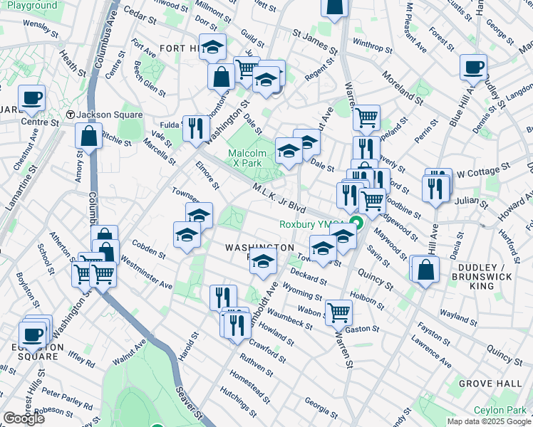 map of restaurants, bars, coffee shops, grocery stores, and more near 21 Harold Street in Boston