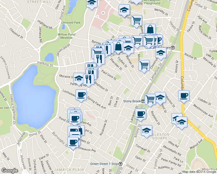map of restaurants, bars, coffee shops, grocery stores, and more near 32 Oakview Terrace in Boston