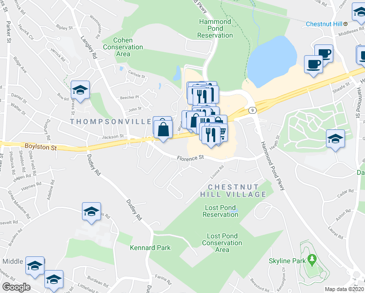 map of restaurants, bars, coffee shops, grocery stores, and more near 250 Massachusetts 9 in Newton