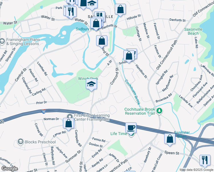 map of restaurants, bars, coffee shops, grocery stores, and more near 1454A Concord Street in Framingham
