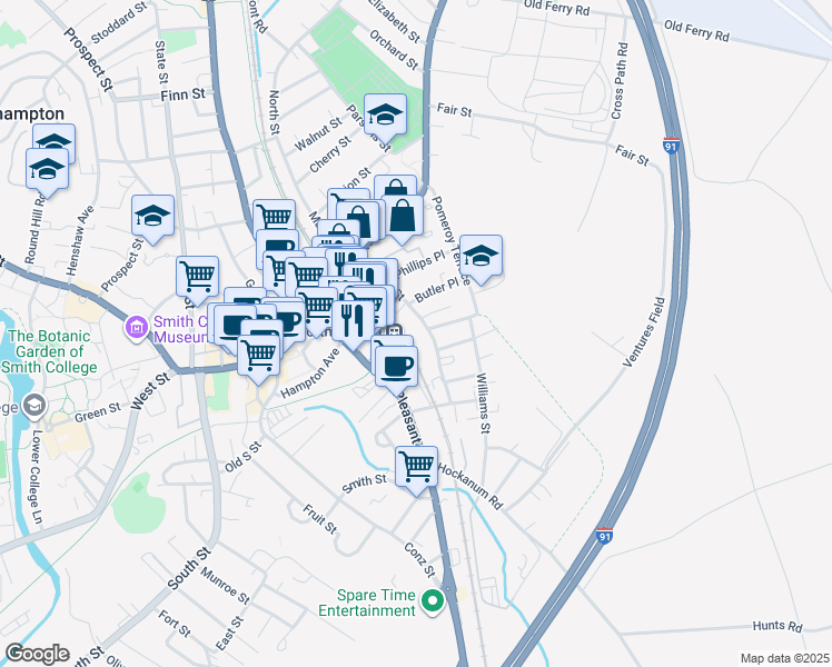 map of restaurants, bars, coffee shops, grocery stores, and more near 62 Hawley Street in Northampton