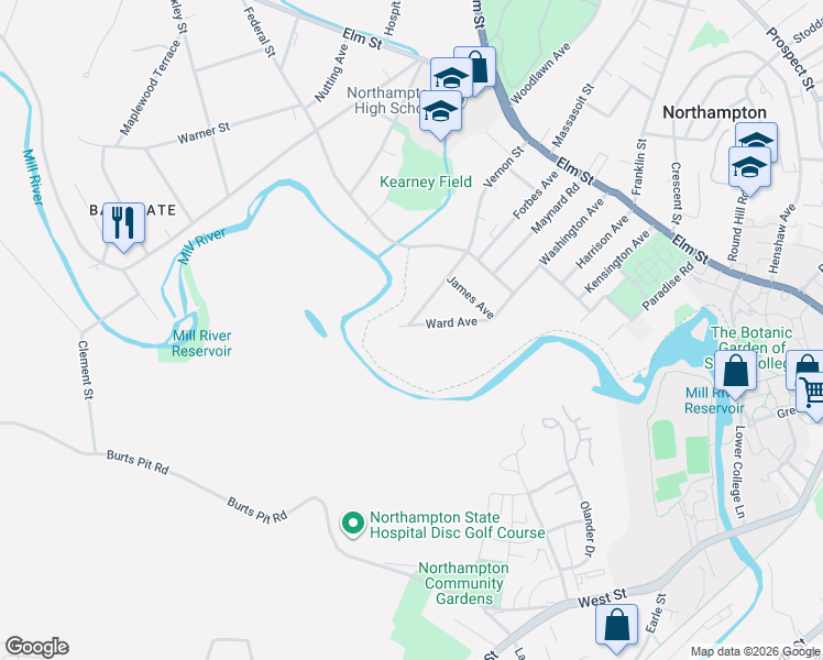 map of restaurants, bars, coffee shops, grocery stores, and more near 126 Vernon Street in Northampton