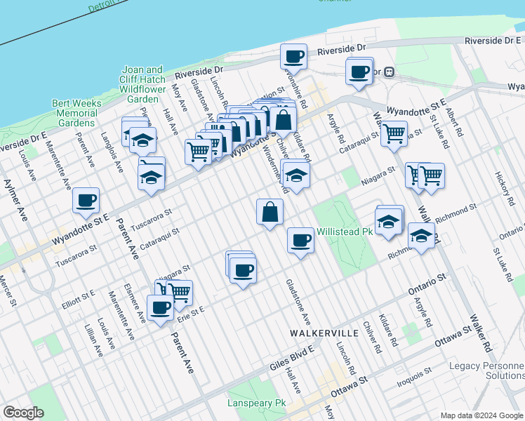 map of restaurants, bars, coffee shops, grocery stores, and more near 812 Lincoln Road in Windsor