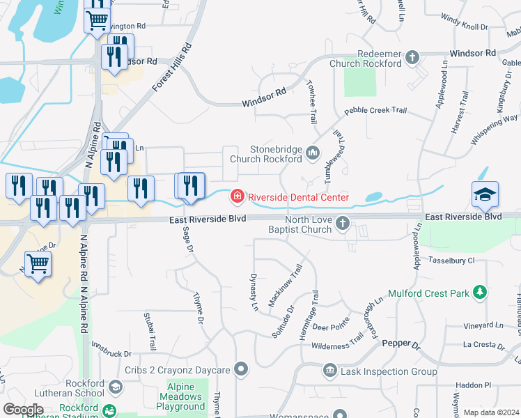 map of restaurants, bars, coffee shops, grocery stores, and more near 5009 Woodlake Drive in Loves Park