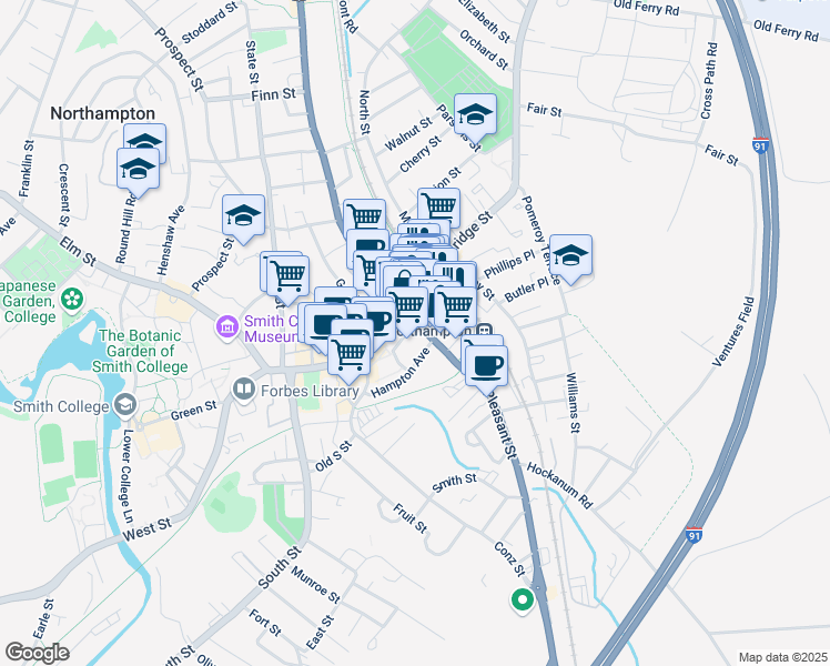 map of restaurants, bars, coffee shops, grocery stores, and more near 19 Strong Avenue in Northampton