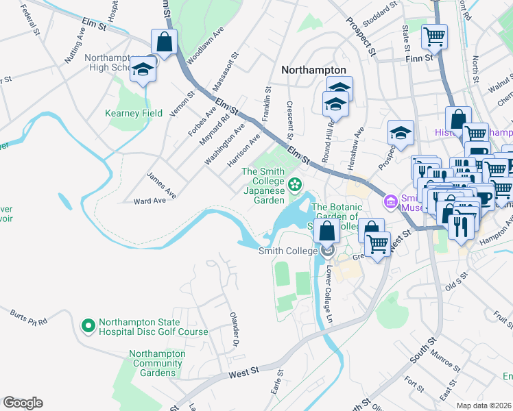 map of restaurants, bars, coffee shops, grocery stores, and more near 73 Paradise Road in Northampton