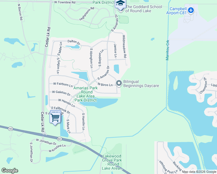map of restaurants, bars, coffee shops, grocery stores, and more near 277 West Biros Lane in Round Lake