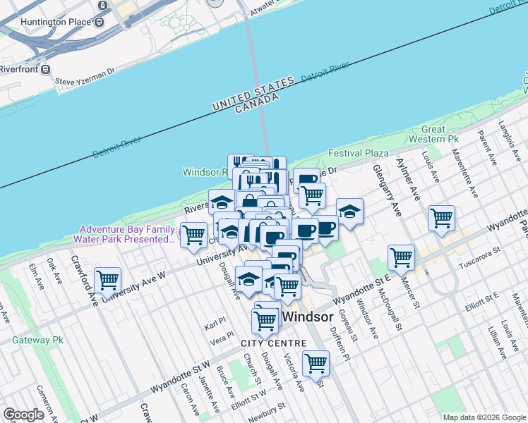 map of restaurants, bars, coffee shops, grocery stores, and more near 156 Ouellette Avenue in Windsor